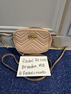 Gucci Crossbody Bag Womens Small Beige Leather GG Marmont Camera Made In Italy